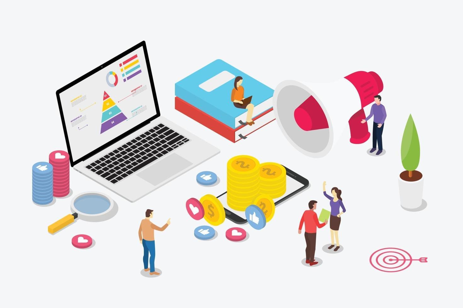 isometric digital marketing team with business people vector