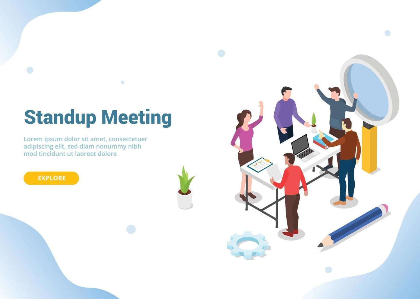 isometric stand up or standing meeting concept vector