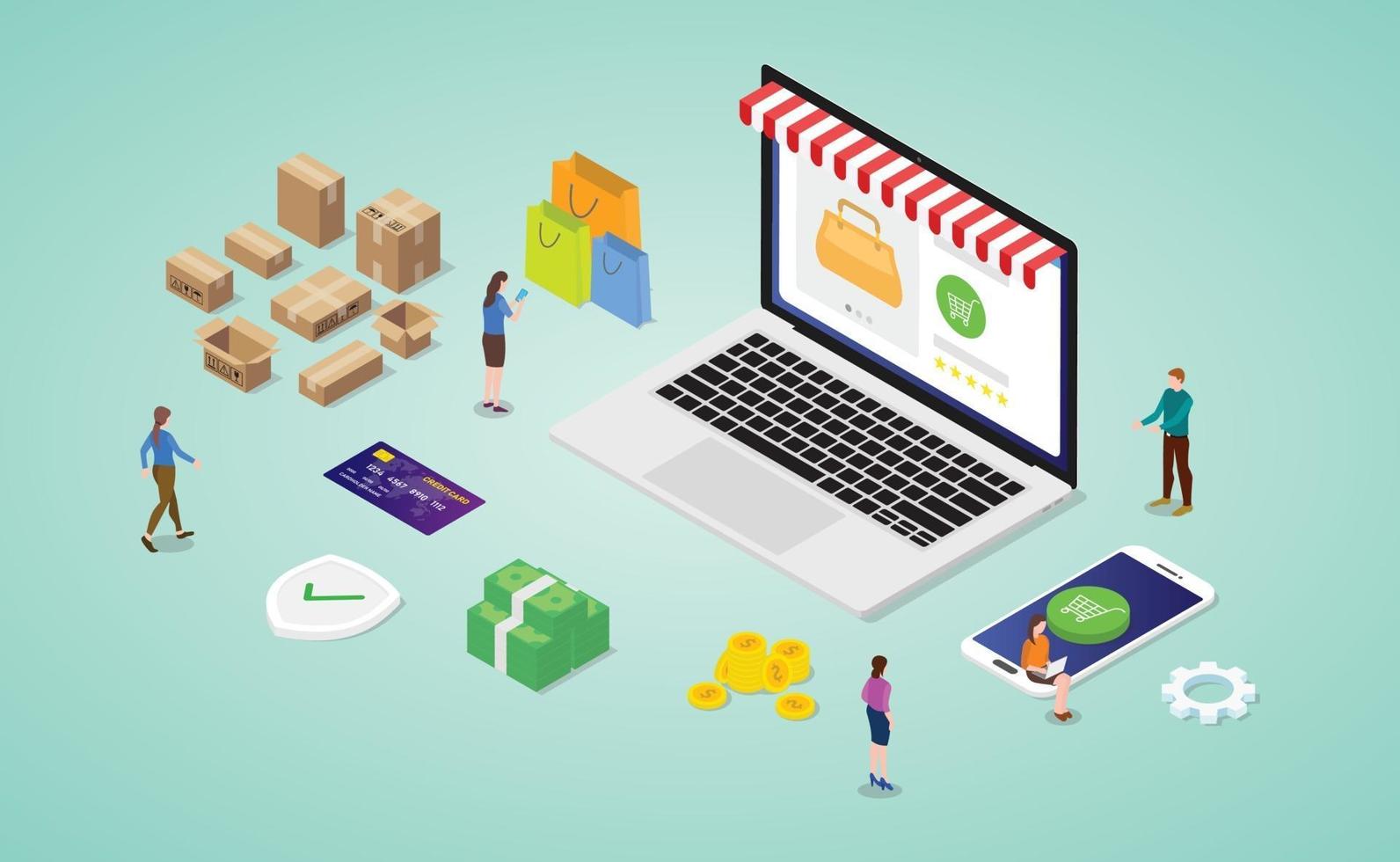 online shopping concept with laptop website store vector