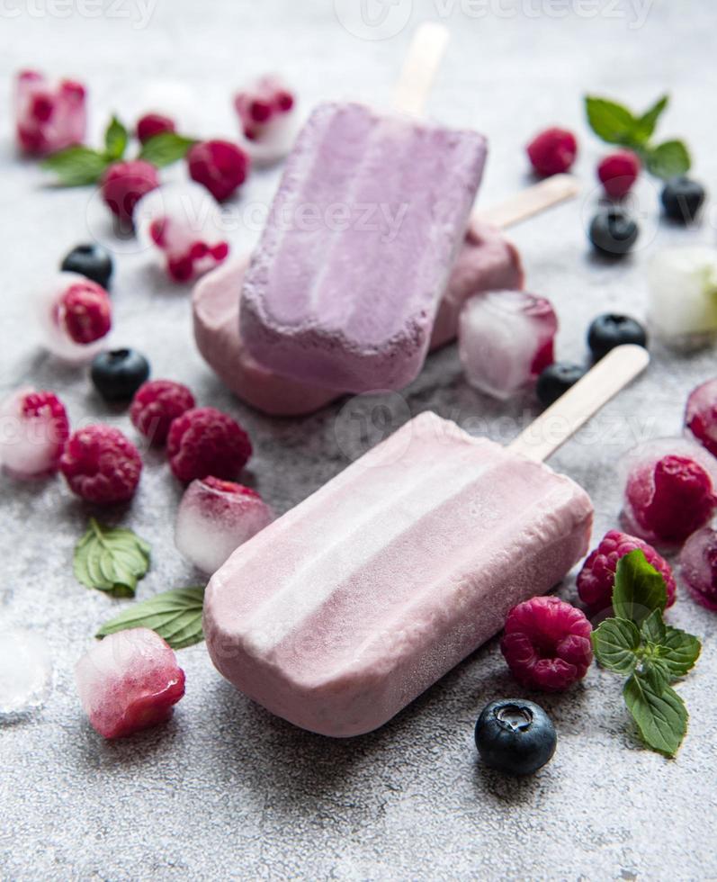 Homemade raspberry and blueberry ice cream photo