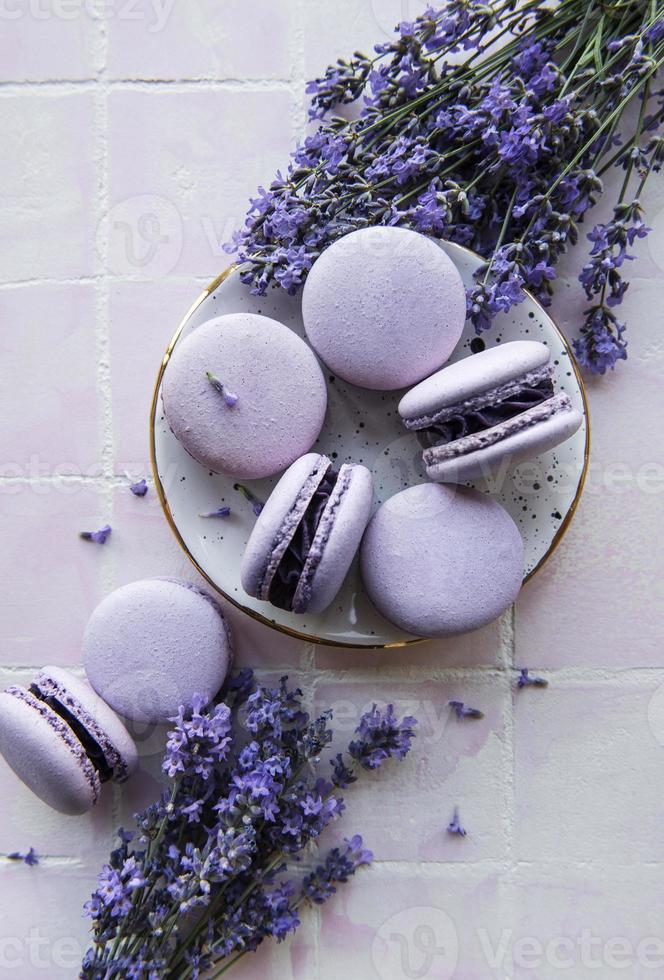 macarons franceses con sabor a lavanda y flores frescas de lavanda foto