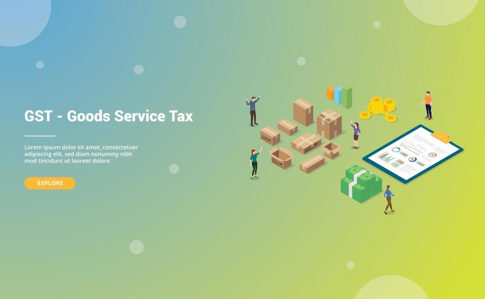 gst goods service tax with big words and people team vector