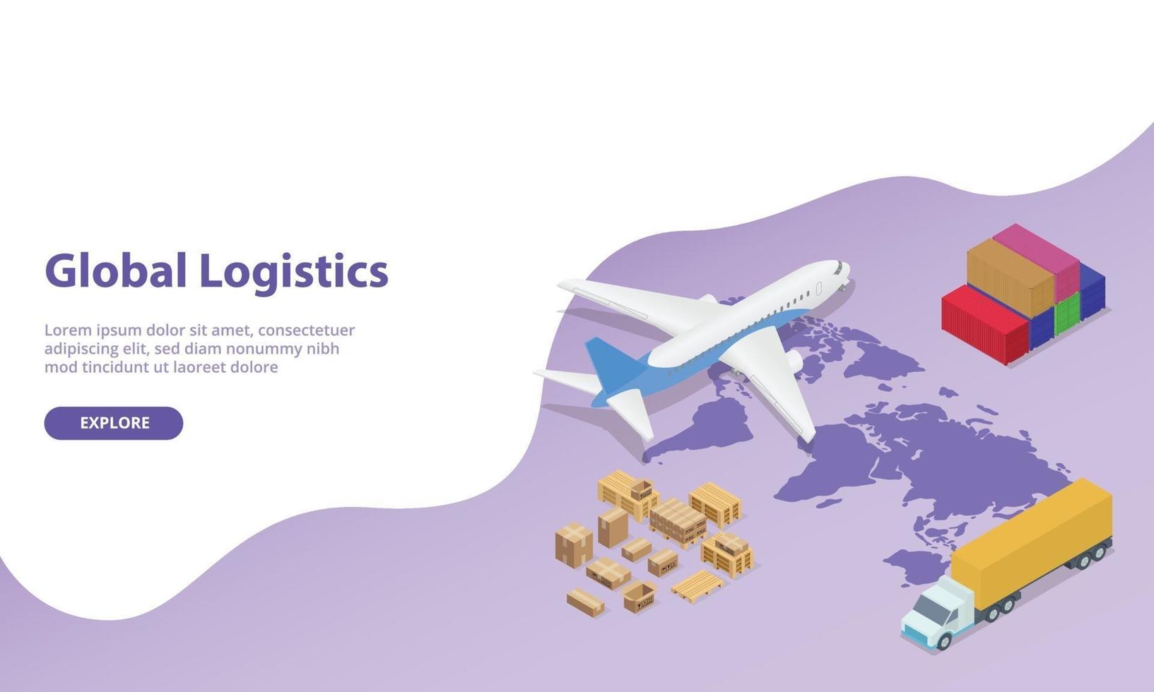 Red logística global con mapa mundial y transporte. vector