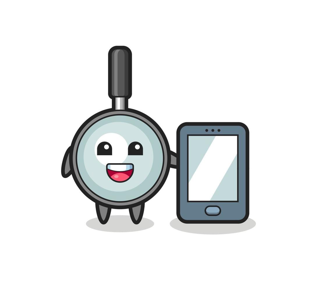 magnifying glass illustration cartoon holding a smartphone vector