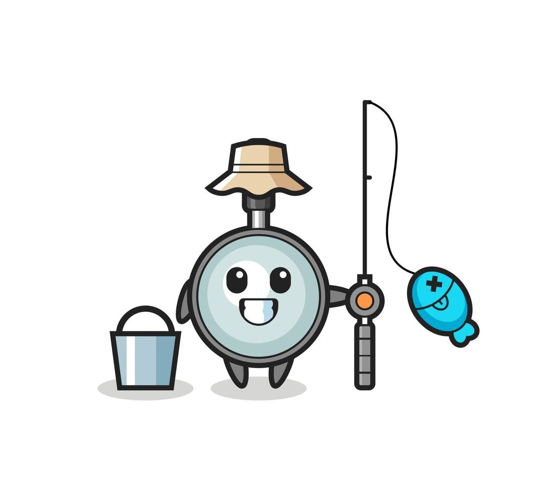 Personaje de mascota de lupa como pescador. vector