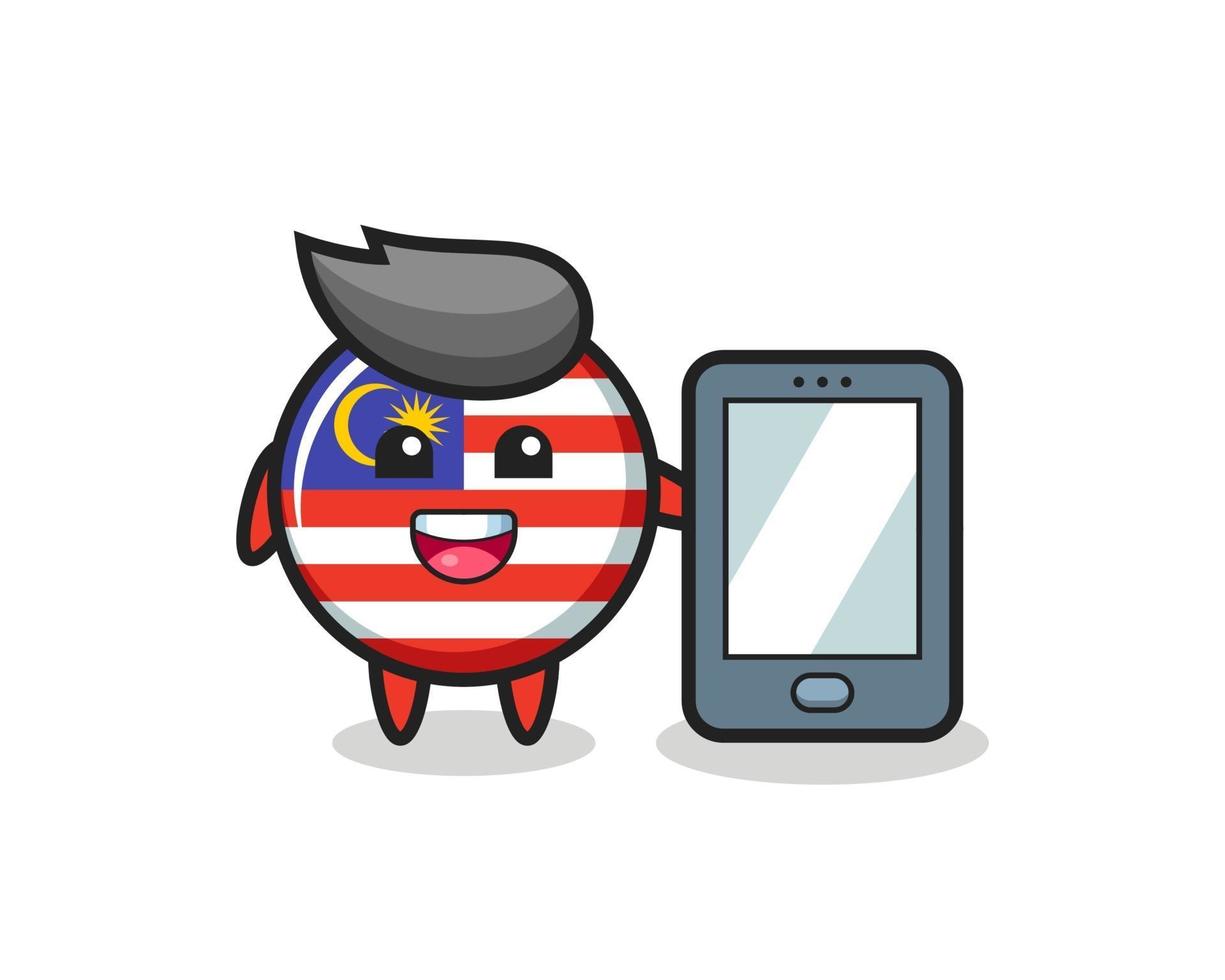 dibujos animados de ilustración de insignia de bandera de malasia sosteniendo un smartphone vector