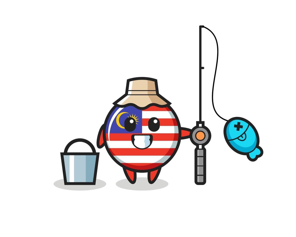 personaje de mascota de la insignia de la bandera de malasia como pescador vector