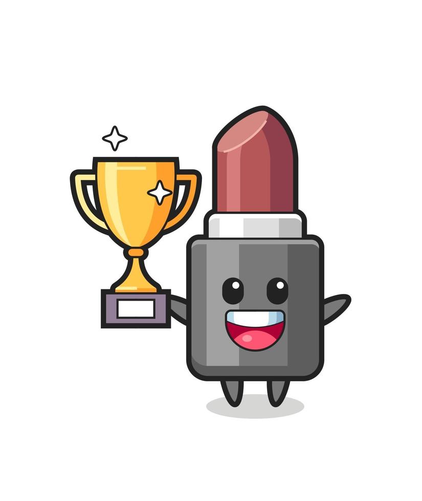 Cartoon Illustration of lipstick is happy holding up the golden trophy vector