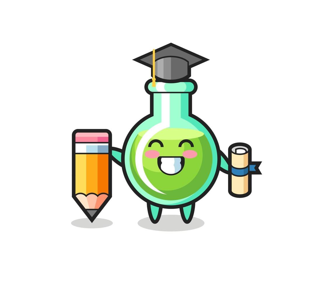 dibujos animados de ilustración de vasos de laboratorio es graduación con un lápiz gigante vector