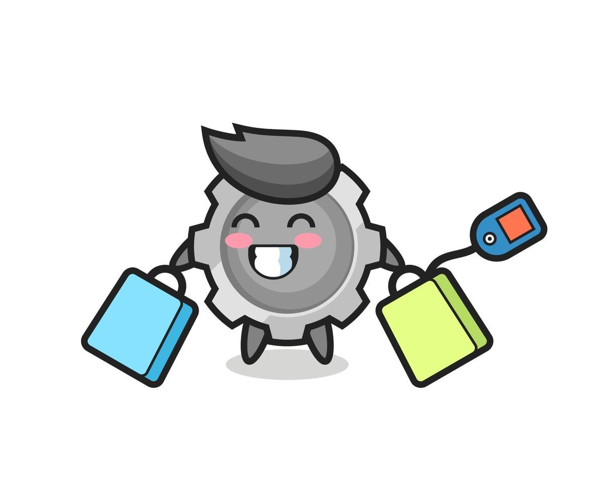 gear mascot cartoon holding a shopping bag vector