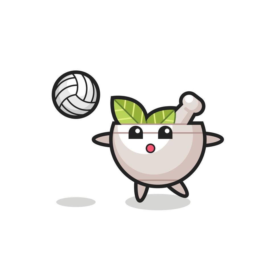 personaje de dibujos animados de cuenco de hierbas está jugando voleibol vector