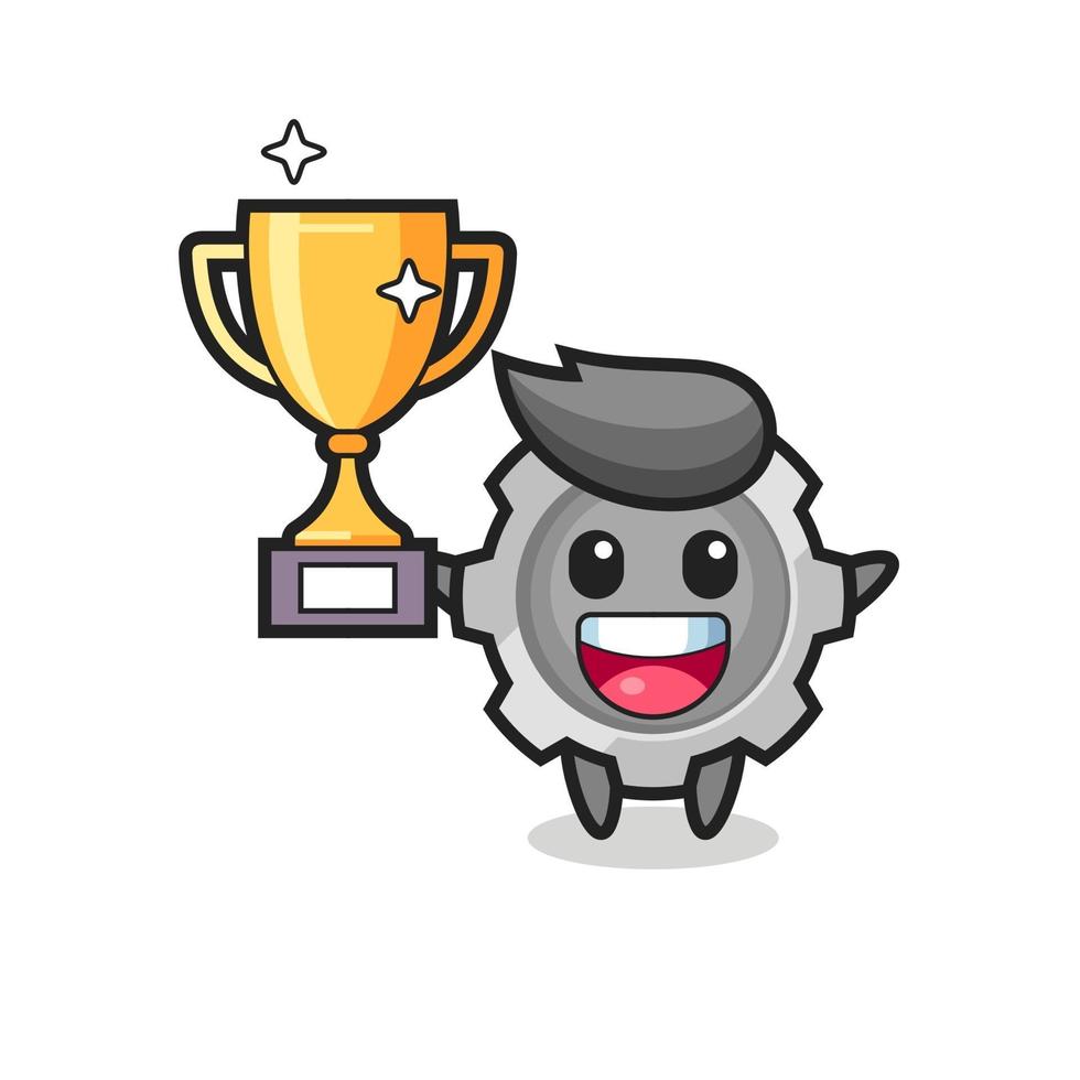 Cartoon Illustration of gear is happy holding up the golden trophy vector