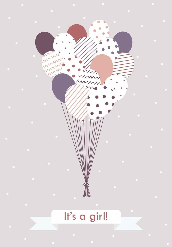 Flying balloons with patterns and ribbon with words It's a girl vector