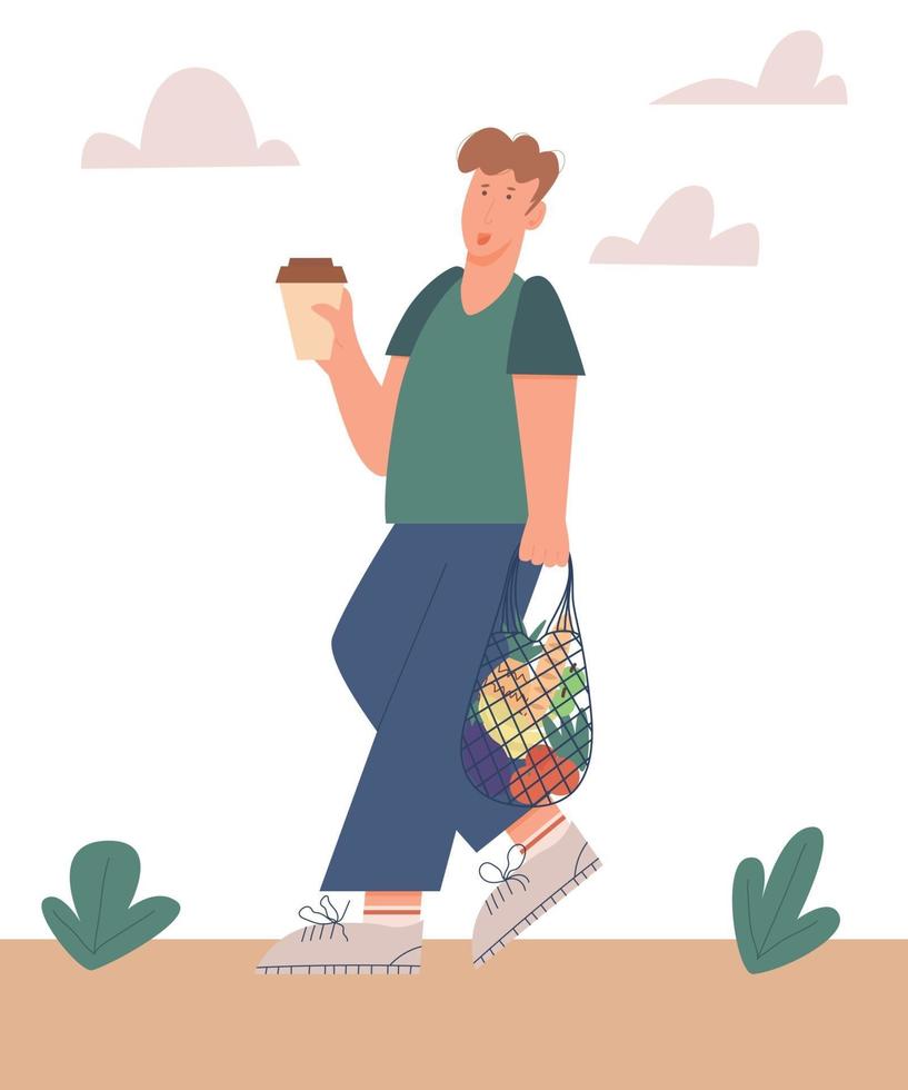 Joven caminando con bolsa ecológica llena de verduras y una taza de café. vector