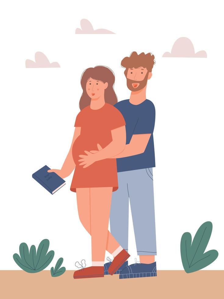 Pregnant woman with her husband holding her belly vector