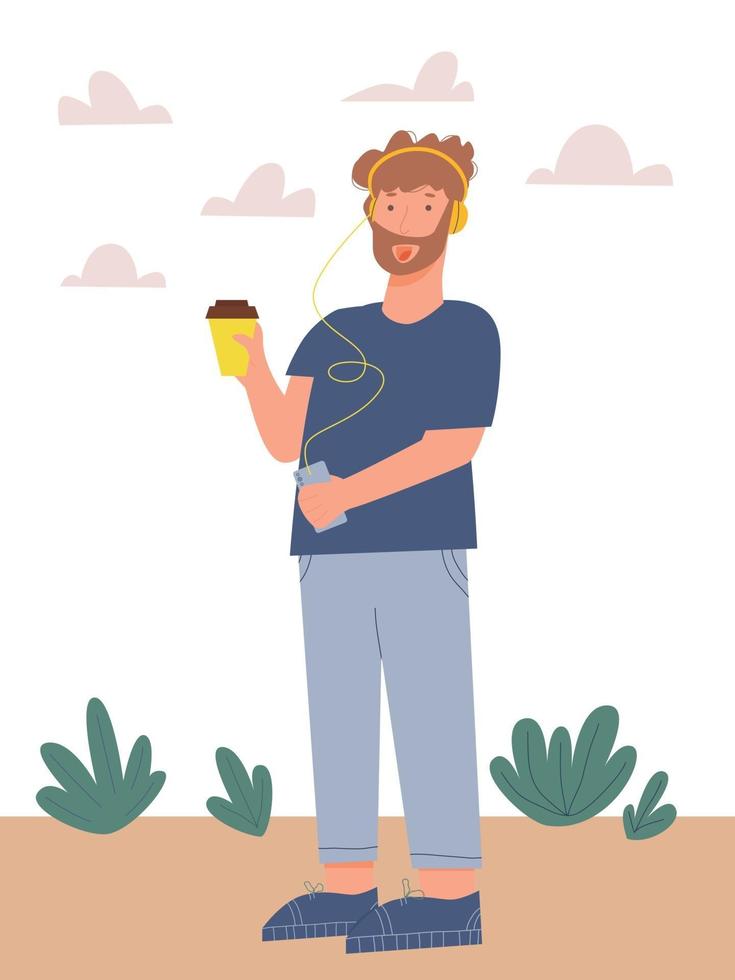 Young man with beard listening to music and cup of coffee vector