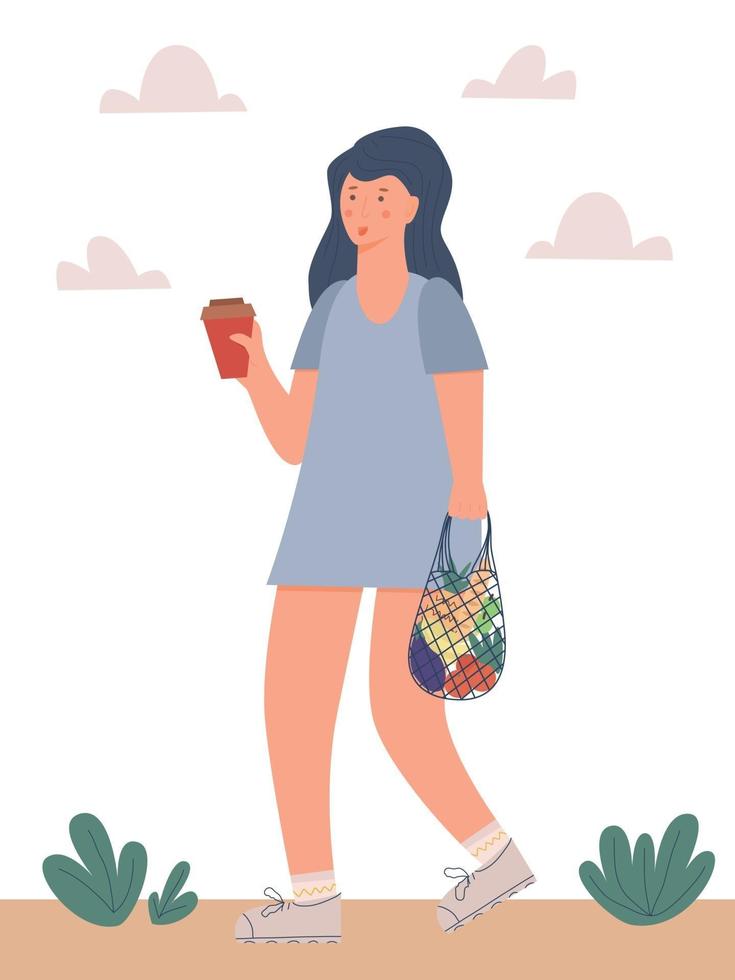Young woman walking with ecobag full of vegetables vector