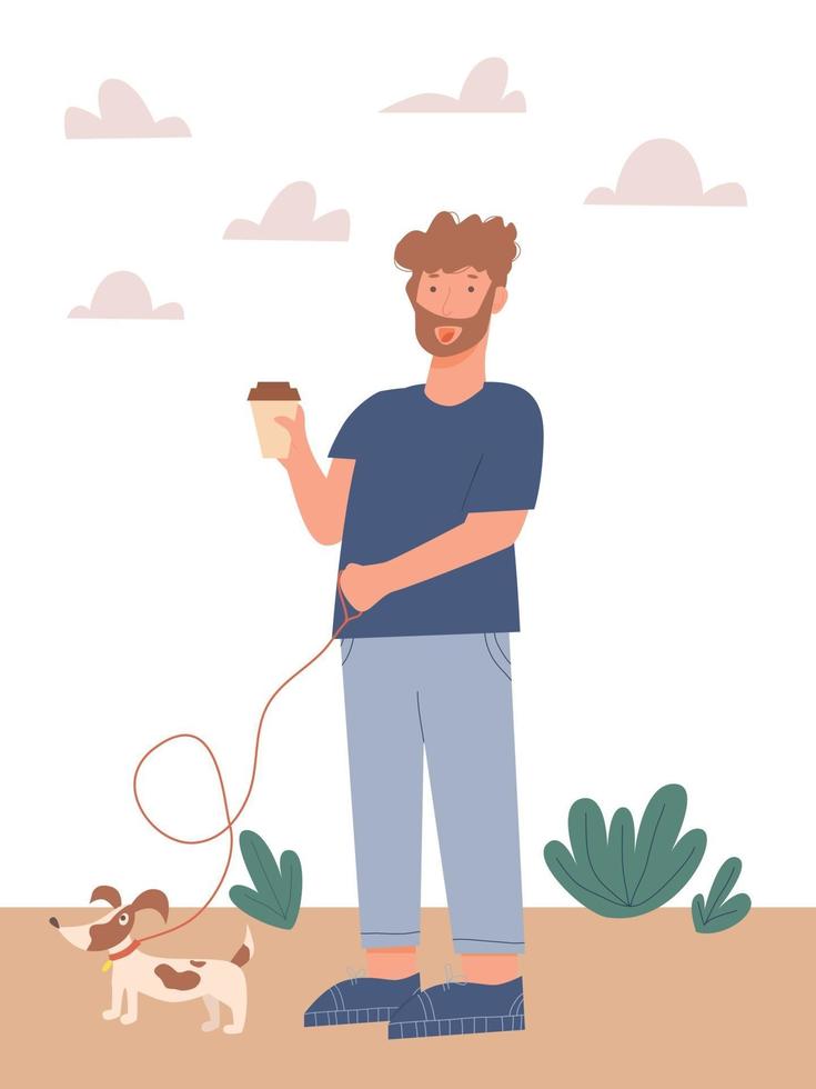 Young man with beard walking with dog and cup of coffee in other hand vector