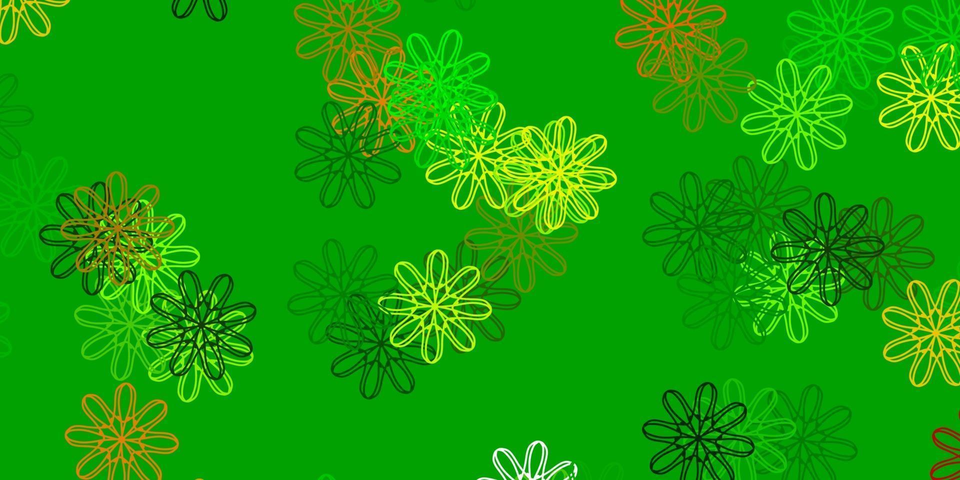 plantilla de doodle de vector verde claro, amarillo con flores.