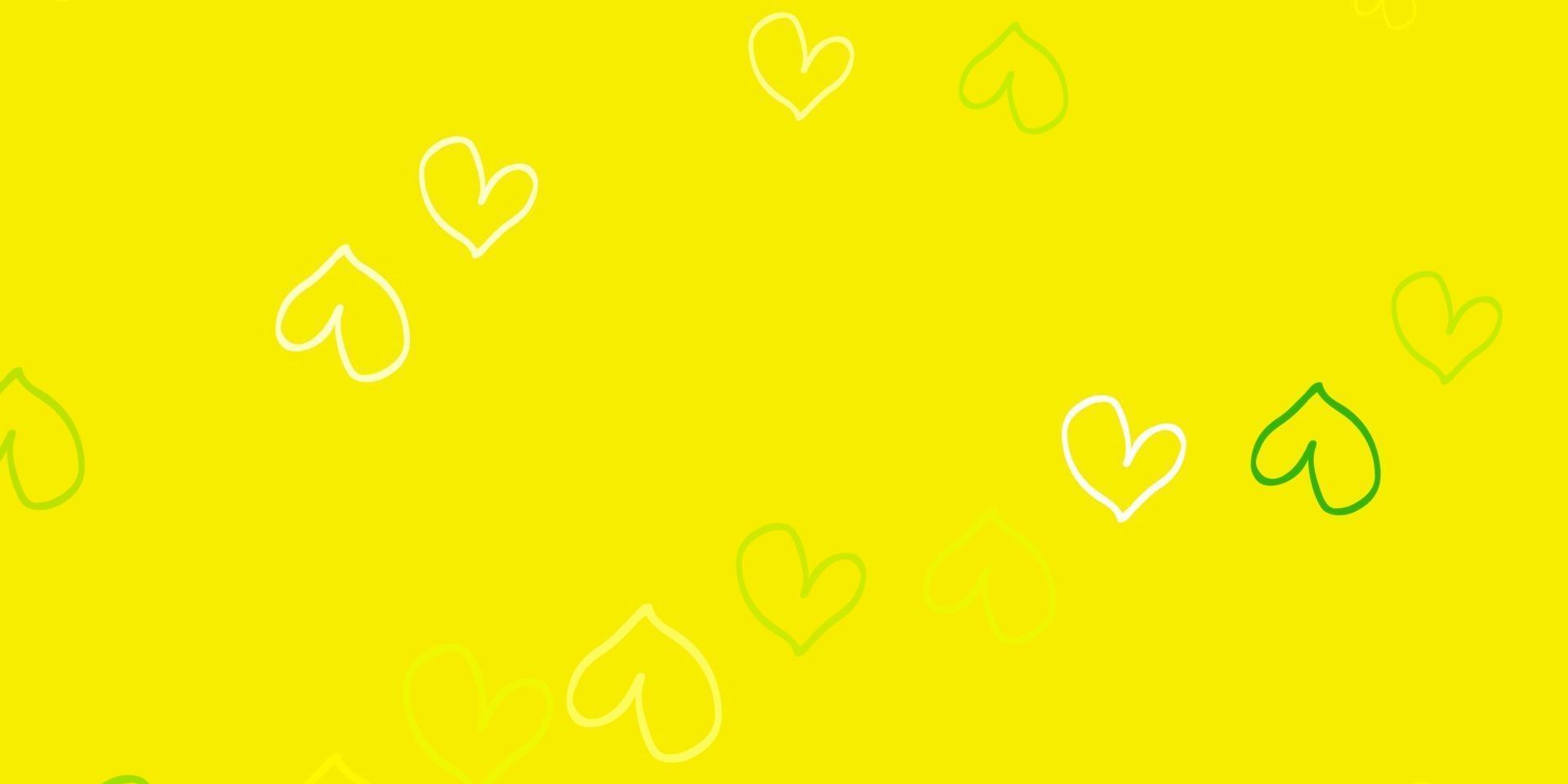 Fondo de vector verde claro, amarillo con corazones brillantes.