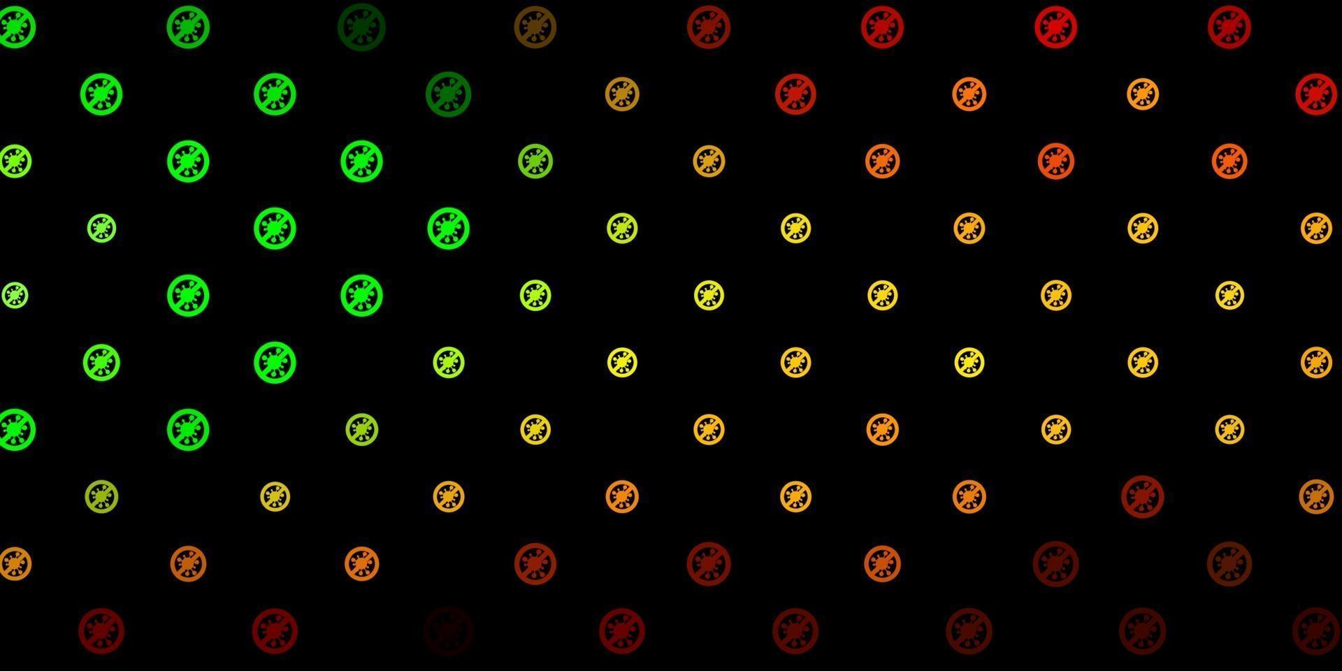 Fondo de vector verde oscuro, amarillo con símbolos covid-19.