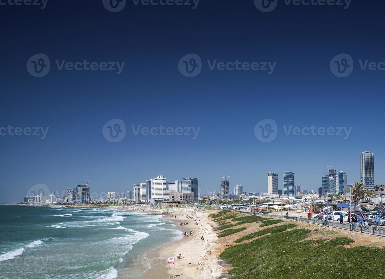 City beach district and skyline view of Tel Aviv Israel photo
