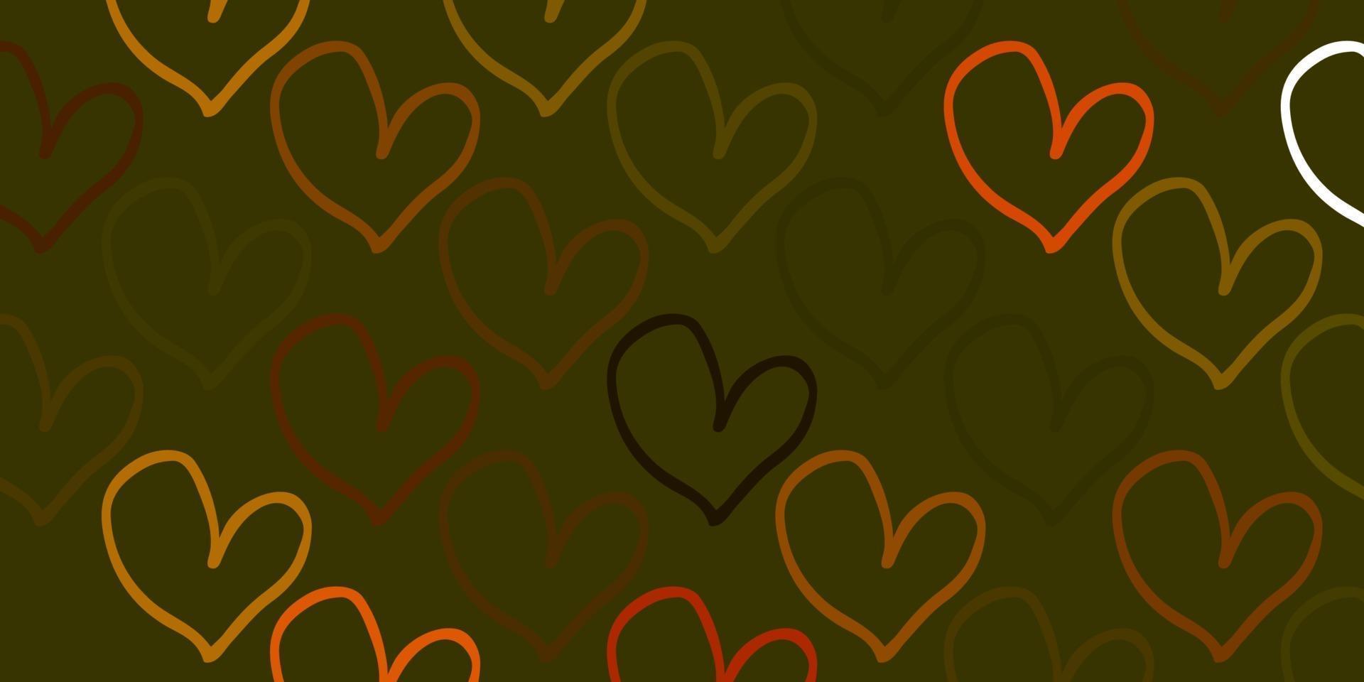 Fondo de vector verde claro, amarillo con corazones brillantes.