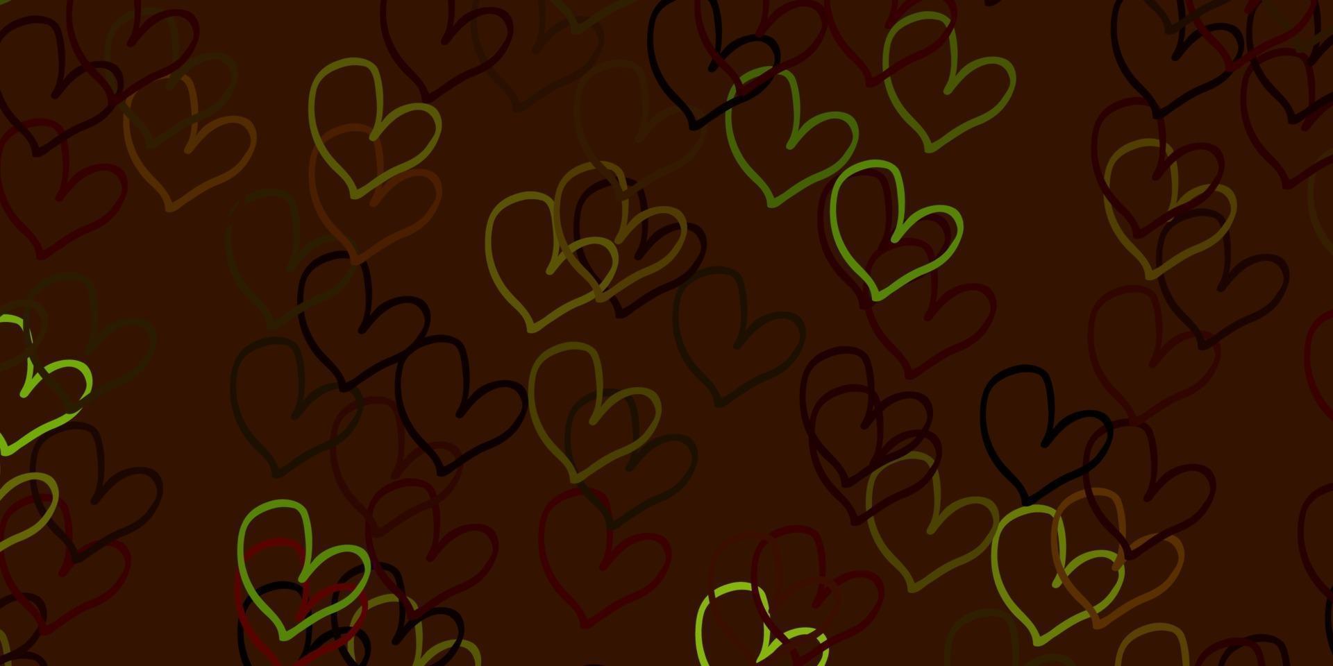 plantilla de vector verde claro, amarillo con corazones de doodle.