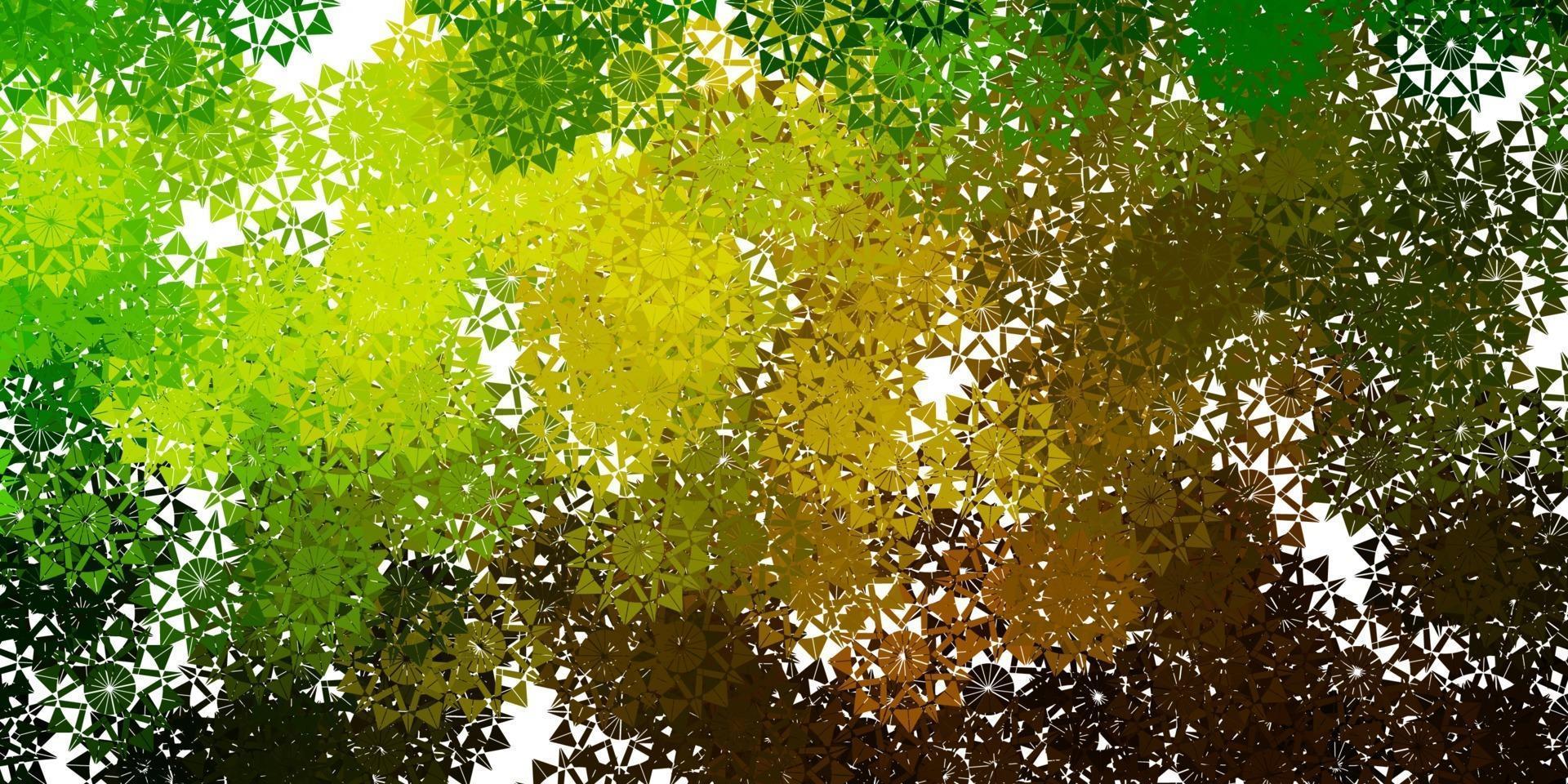 textura de vector verde claro, amarillo con copos de nieve brillantes.