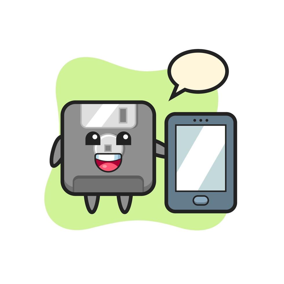 dibujos animados de ilustración de disquete sosteniendo un smartphone vector
