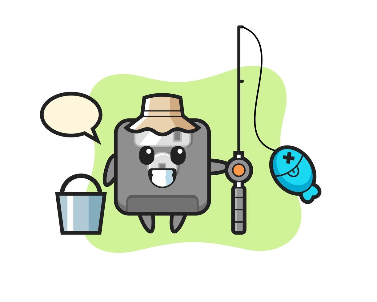 Personaje de mascota del disquete como pescador. vector