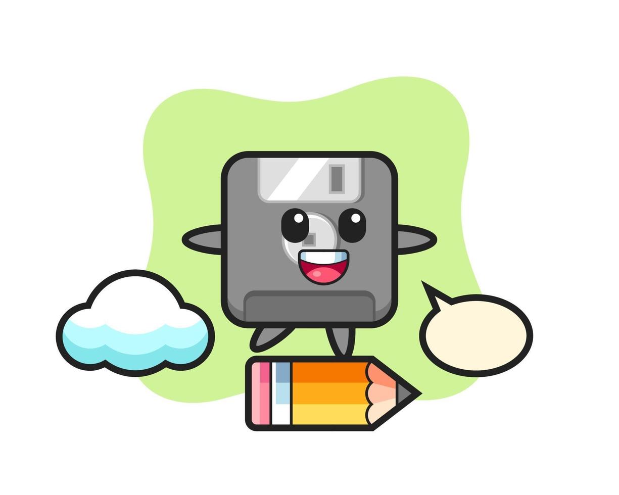 floppy disk mascot illustration riding on a giant pencil vector