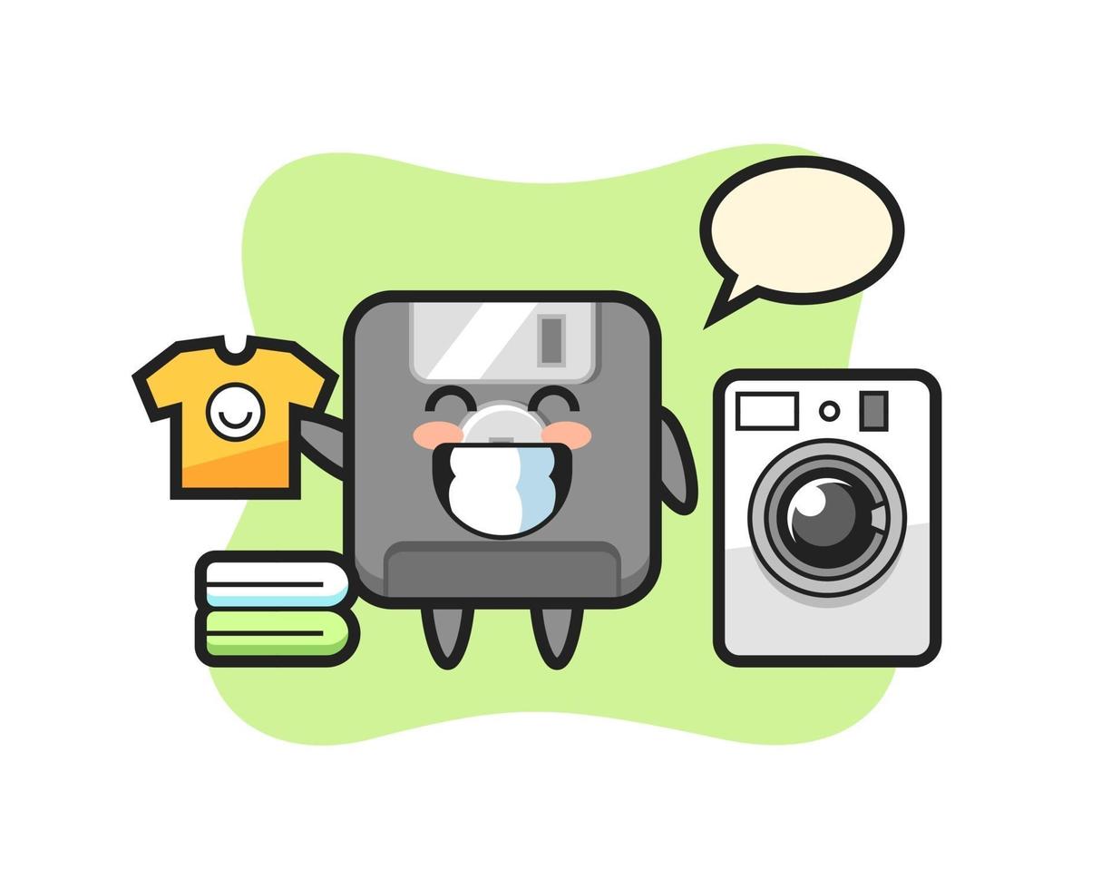 Mascot cartoon of floppy disk with washing machine vector