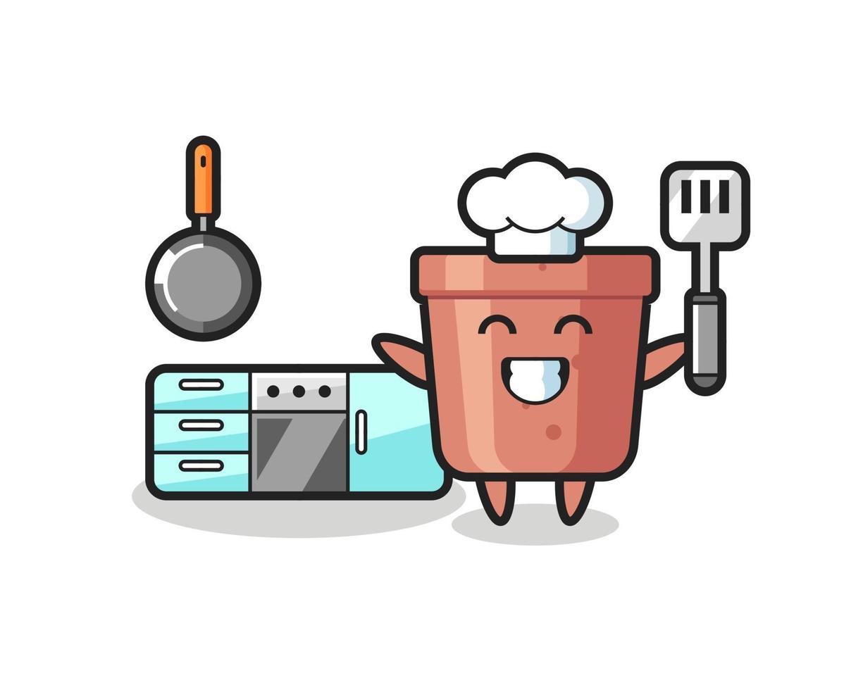 flowerpot character illustration as a chef is cooking vector