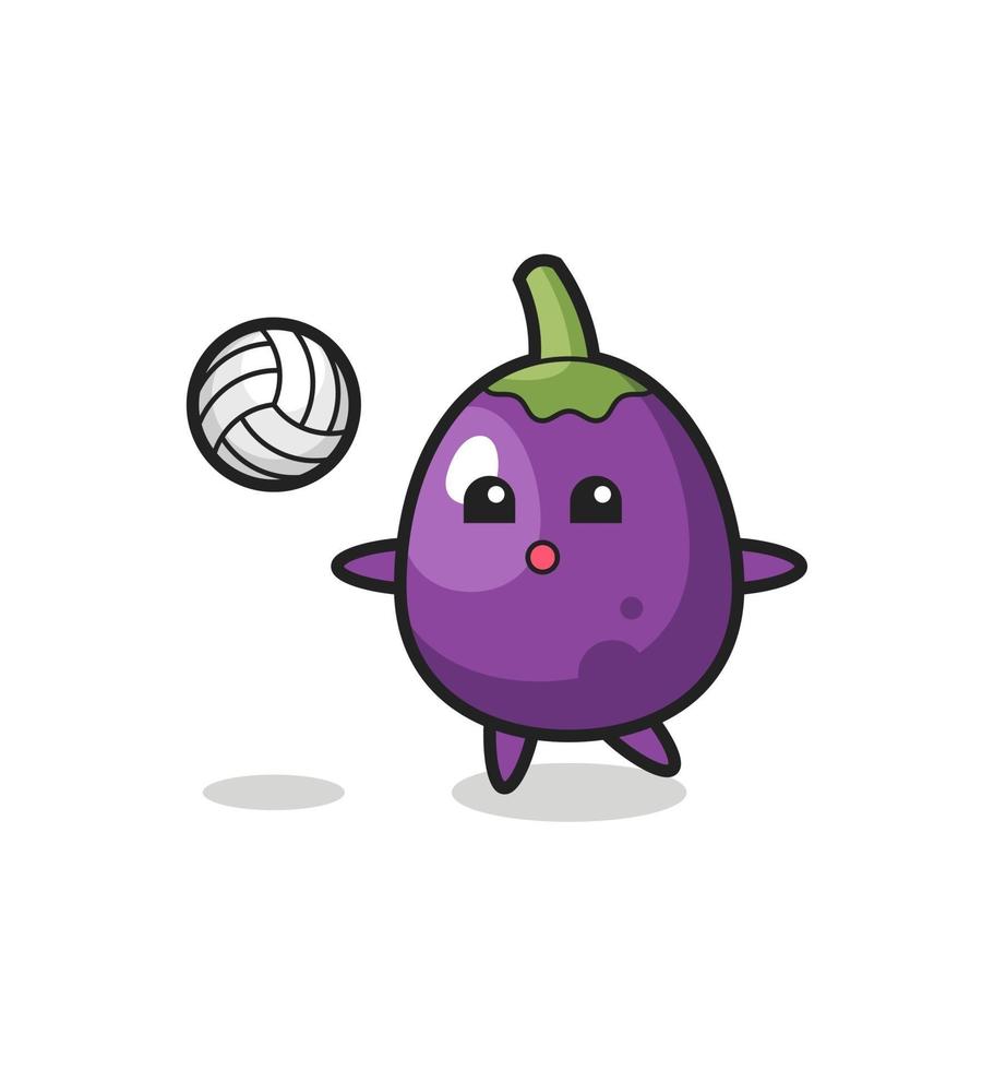 personaje de dibujos animados de berenjena está jugando voleibol vector