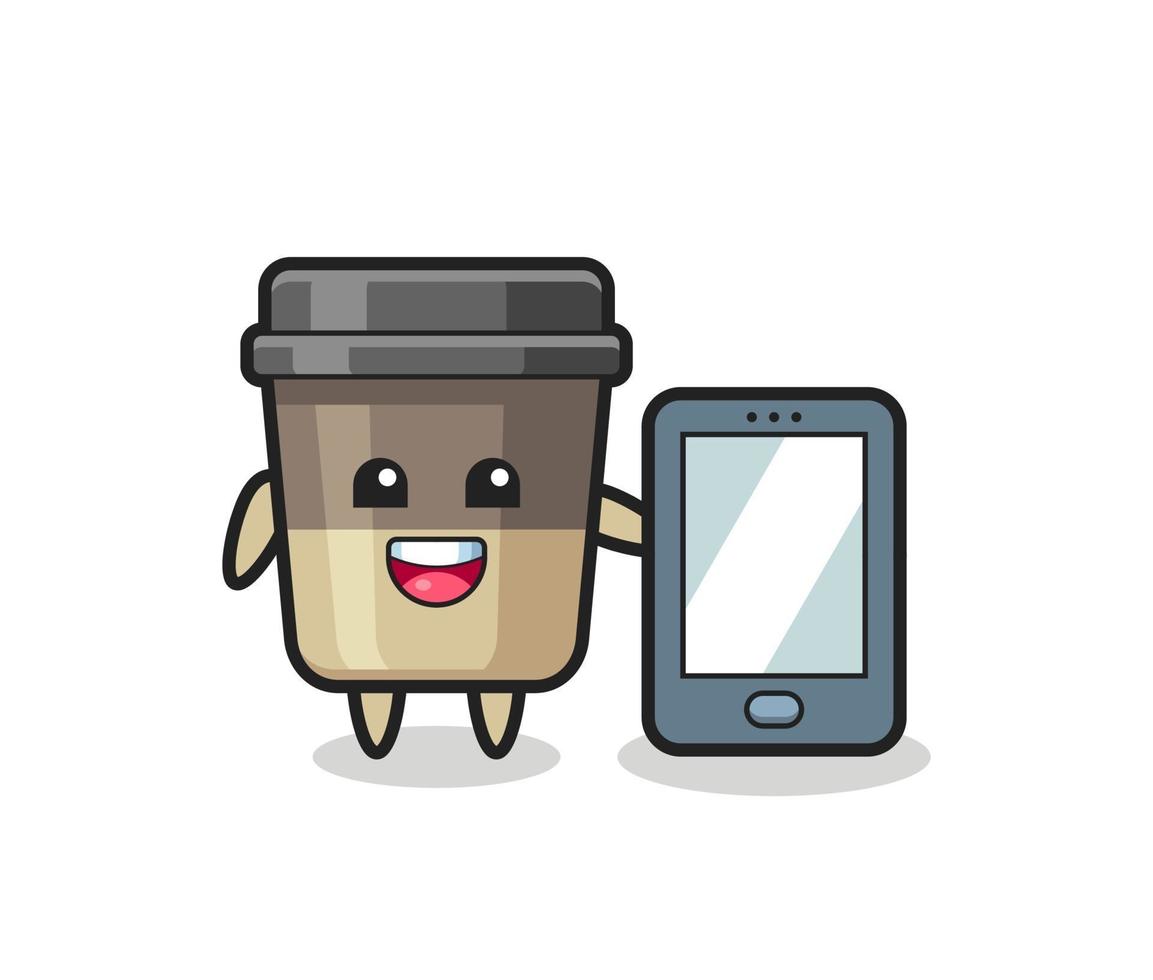 dibujos animados de ilustración de taza de café sosteniendo un smartphone vector