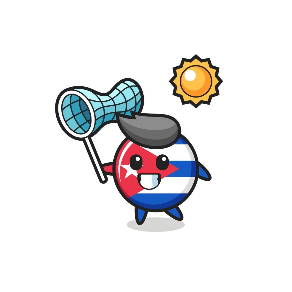 cuba flag badge mascot illustration is catching butterfly vector