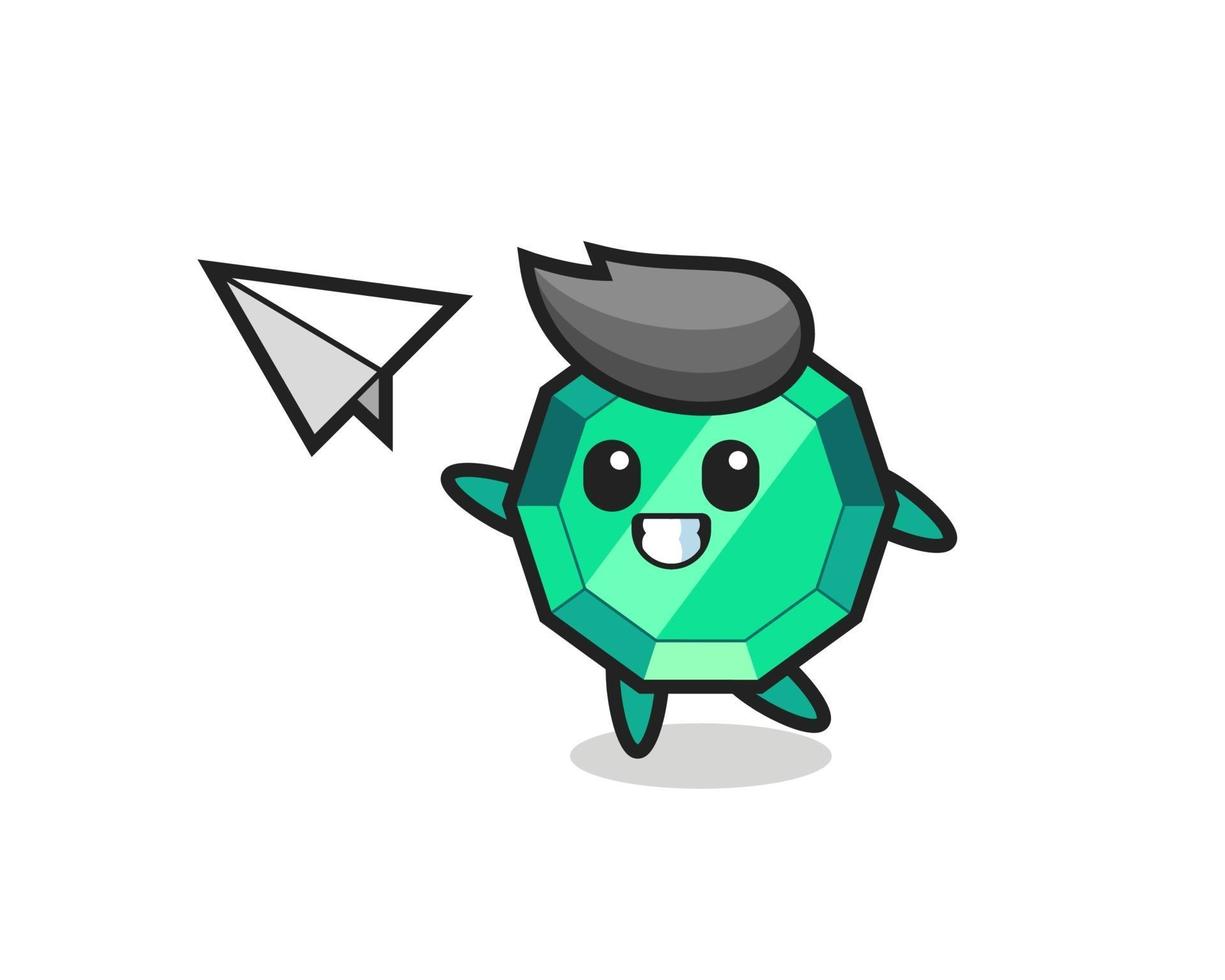 emerald gemstone cartoon character throwing paper airplane vector