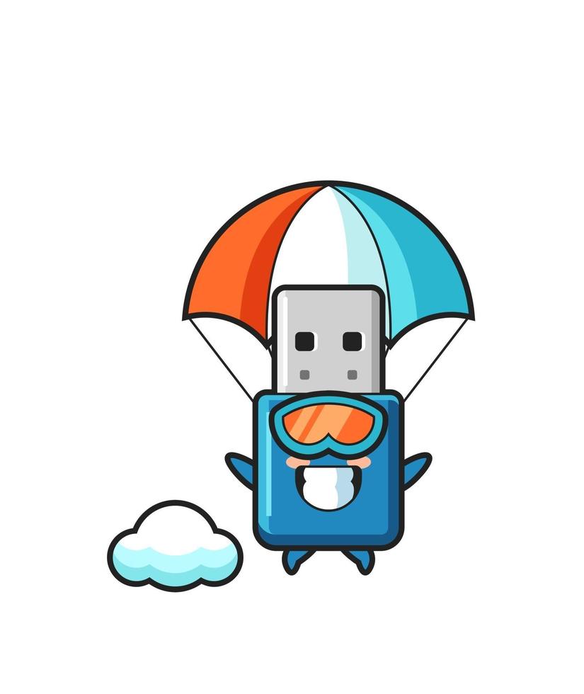 La historieta de la mascota USB de la unidad flash es paracaidismo con gesto feliz vector