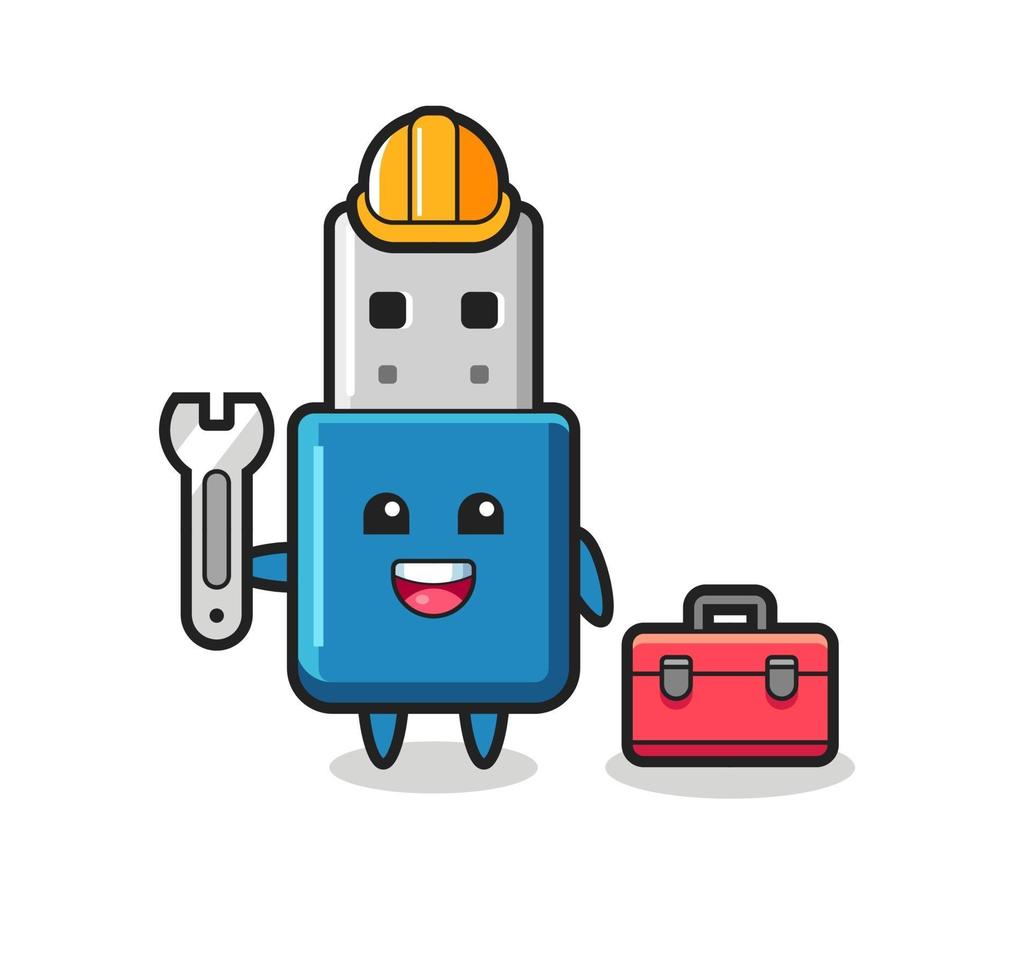 caricatura de mascota de unidad flash usb como mecánico vector