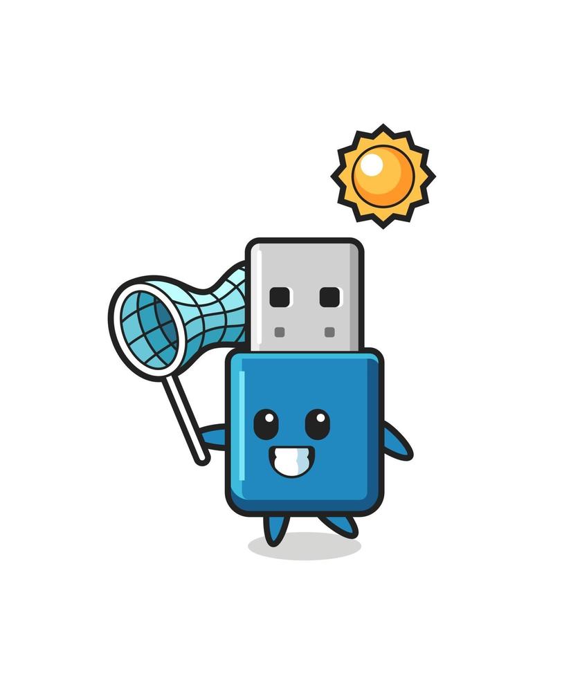 flash drive usb mascot illustration is catching butterfly vector