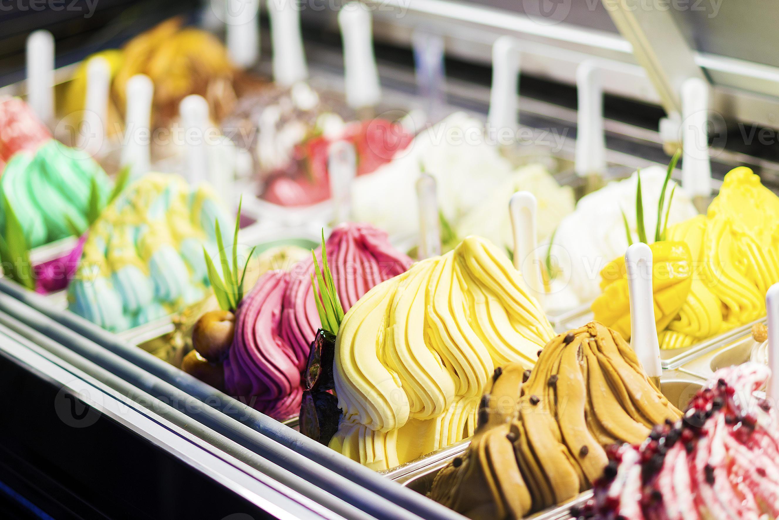 Mixed colorful organic fresh gourmet ice cream sweet gelato in shop