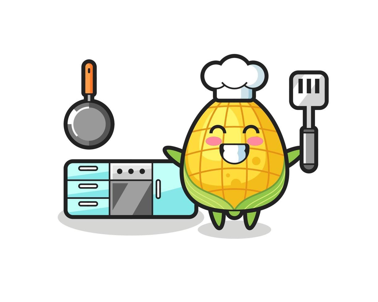 ilustración de personaje de maíz mientras un chef está cocinando vector