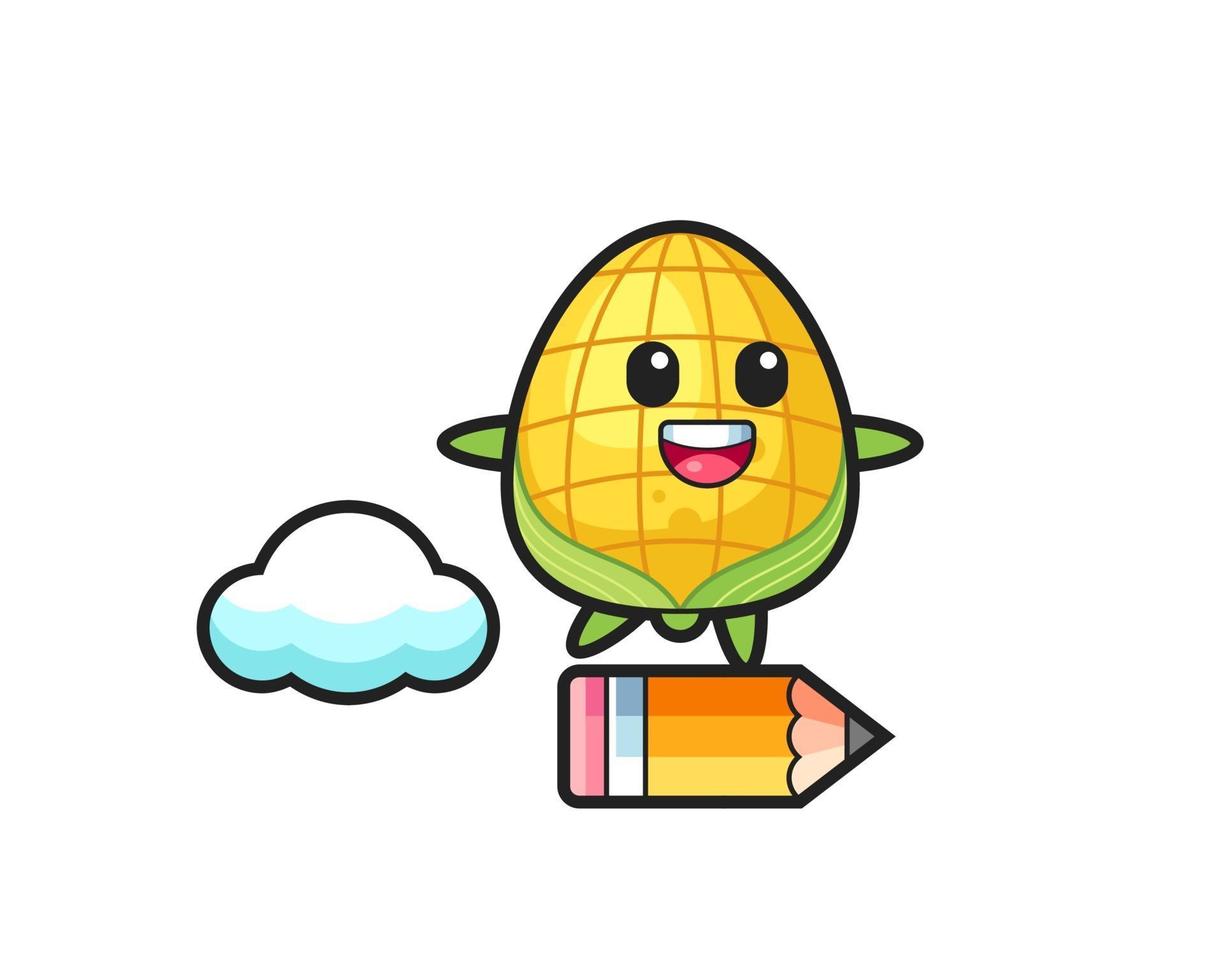 corn mascot illustration riding on a giant pencil vector