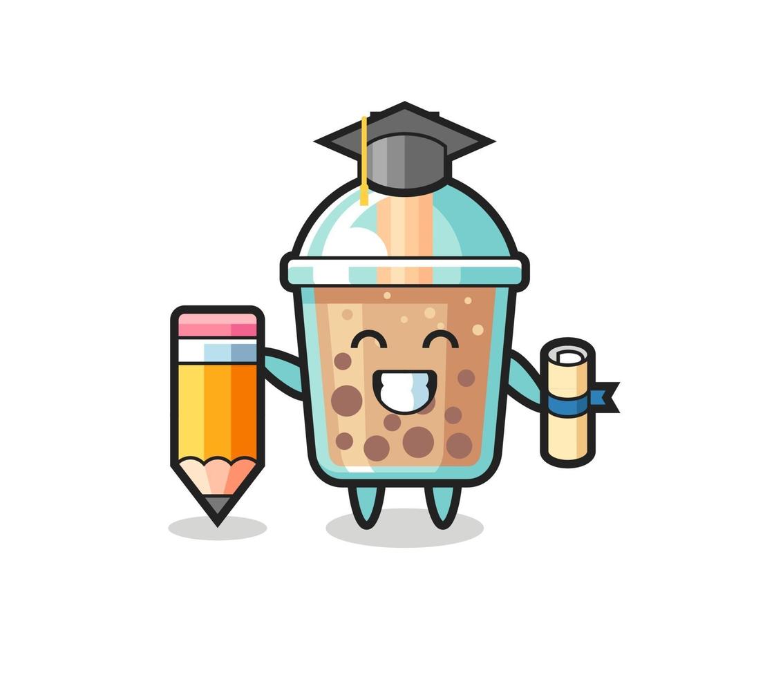 bubble tea illustration cartoon is graduation with a giant pencil vector