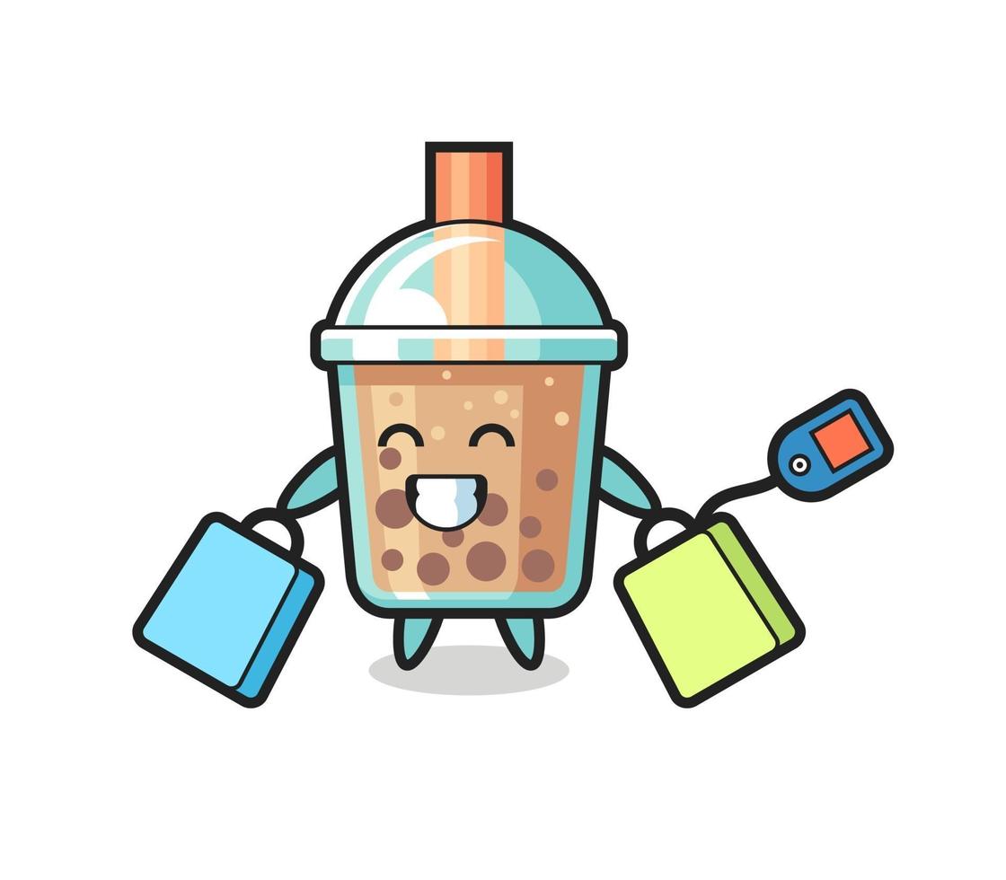 bubble tea mascot cartoon holding a shopping bag vector