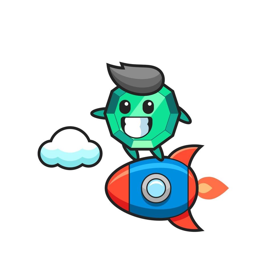 emerald gemstone mascot character riding a rocket vector
