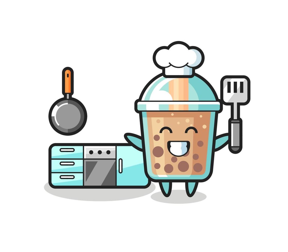 bubble tea character illustration as a chef is cooking vector