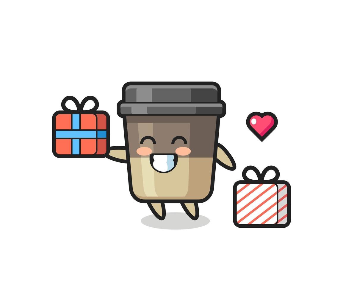 coffee cup mascot cartoon giving the gift vector