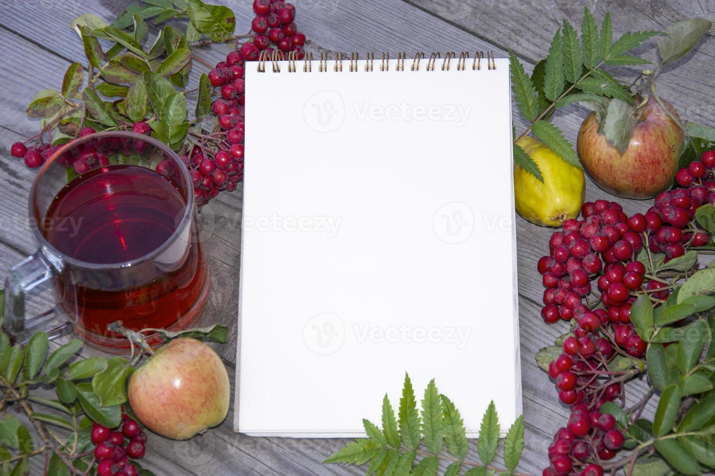 Notepad with white blank sheet for text. Cup of tea photo